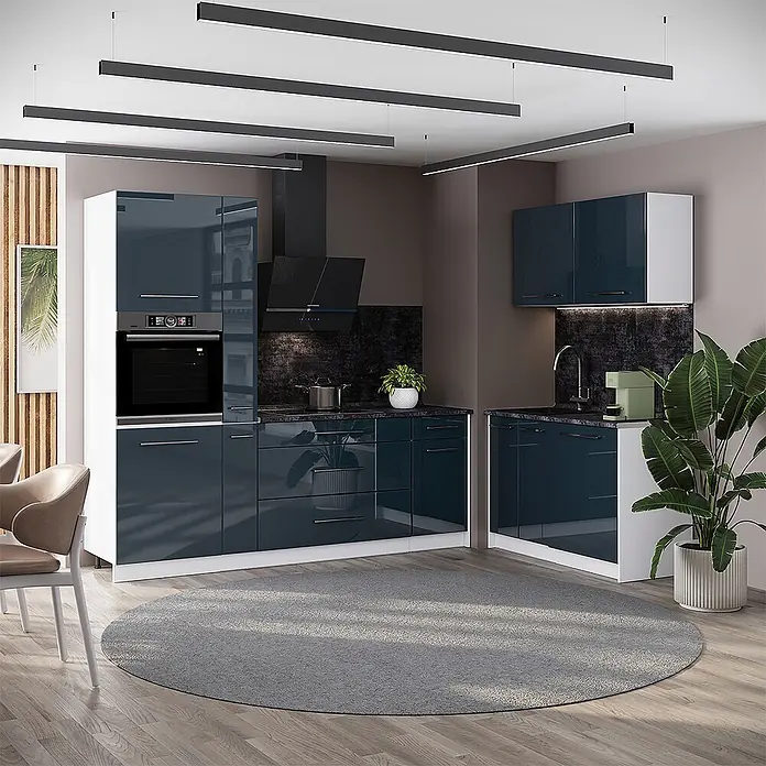 Vicco Eckküche - B x T: 220 x 60 cm, Dunkelblau Hochglanz, Ohne Elektrogeräte - Moderne Küche mit dunkelblauen Hochglanzschränken und weißen Elementen, mit integrierten Geräten.