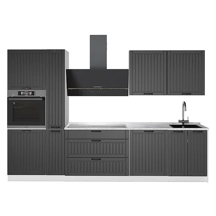 Vicco Küchenzeile - Breite: 310 cm, Dunkelgrau, Ohne Elektrogeräte - Dunkelgraue Küchenzeile mit geriffelten Schränken, integriertem Backofen, Kochfeld, Dunstabzug und Spüle. Mit Marmoroptik-Arbeitsplatte.