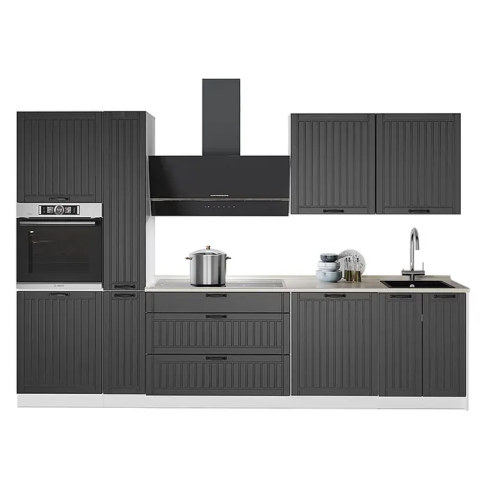 Vicco Küchenzeile - Breite: 310 cm, Dunkelgrau, Ohne Elektrogeräte - Eine moderne, dunkelgraue Küchenzeile mit gerippten Schranktüren, integriertem Backofen, Dunstabzugshaube, Kochfeld und Spüle.