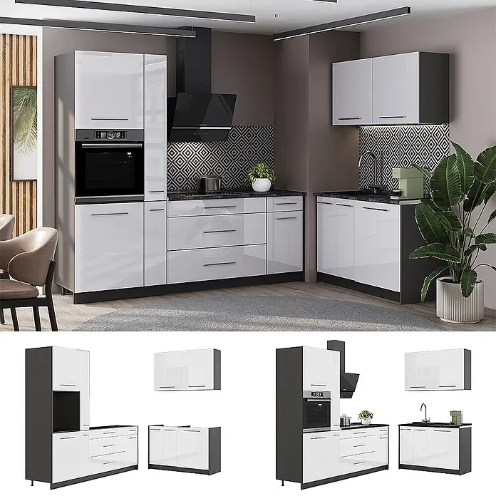 Vicco Eckküche - Weiß Hochglanz, Ohne Elektrogeräte - Modernes Modulküchenset mit weißen Hochglanzfronten und dunkelgrauen Details. Verfügt über integrierten Ofen, viel Stauraum und Spülbeckenunterschrank.