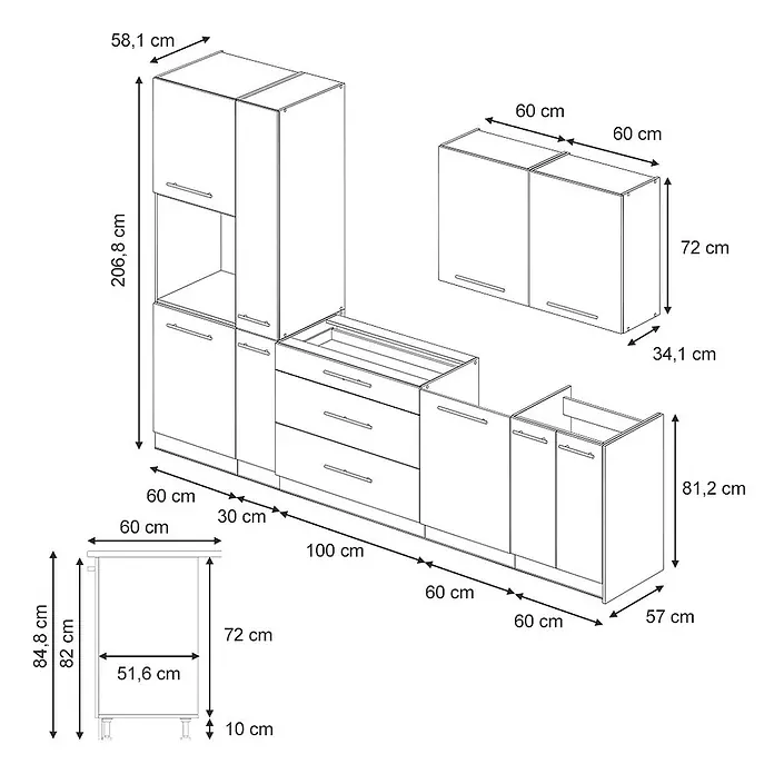 Vicco Küchenzeile - Breite: 310 cm, Dunkelgrau, Ohne Elektrogeräte - Technisches Diagramm eines modularen Küchenschranksystems mit Maßen.