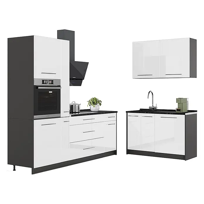 Vicco Eckküche - Weiß Hochglanz, Ohne Elektrogeräte - Moderne modulare Küchenmöbel mit hochglänzenden weißen Fronten, dunkelgrauem Korpus und schwarzen Arbeitsplatten. Mit integriertem Ofen und Spüle.