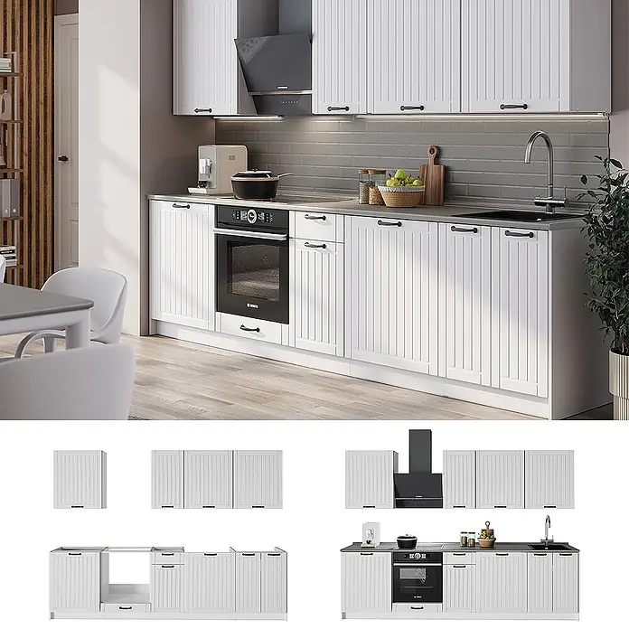 Vicco Küchenzeile - Breite: 280 cm, Weiß Landhaus, Ohne Elektrogeräte - Weiße Küchenschrankgarnitur mit gerillten Paneeltüren und schwarzen Griffen, bestehend aus Ober- und Unterschränken, Backofen und Spüle.