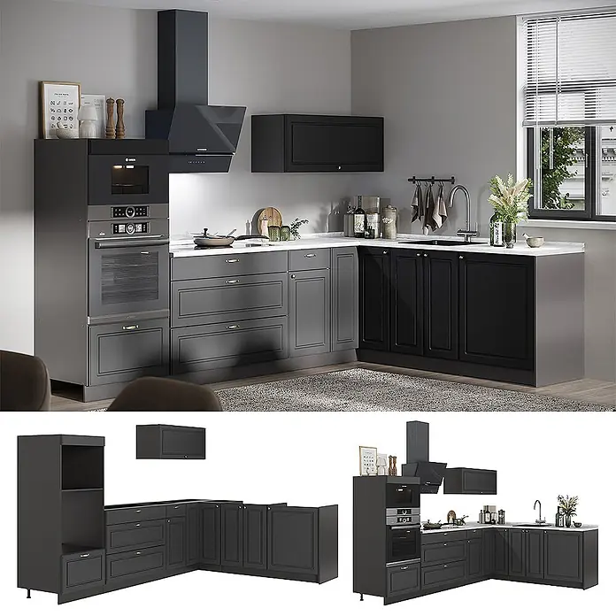 Vicco Eckküche - B x T: 287 x 60 cm, Anthrazit-Gold Landhaus, Ohne Elektrogeräte - L-förmige Küche mit dunkelgrauen und schwarzen Schränken, weißer Arbeitsplatte und integrierten Geräten.