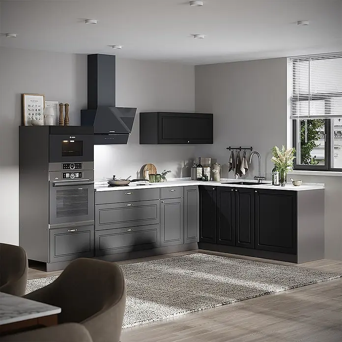 Vicco Eckküche - B x T: 287 x 60 cm, Anthrazit-Gold Landhaus, Ohne Elektrogeräte - Moderne L-förmige Küche mit dunkelgrauen Unterschränken, integrierten Öfen und schwarzen Ober- und Unterschränken mit Spüle.
