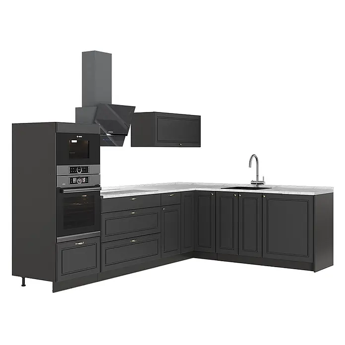 Vicco Eckküche - B x T: 287 x 60 cm, Anthrazit-Gold Landhaus, Ohne Elektrogeräte - Dunkelgraue Modulküche mit integrierten Öfen, Kochfeld, Spüle und weißer Arbeitsplatte.