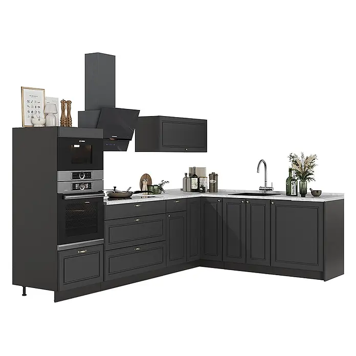 Vicco Eckküche - B x T: 287 x 60 cm, Anthrazit-Gold Landhaus, Ohne Elektrogeräte - L-förmige Modulküche mit dunkelgrauen Schränken, weißer Marmor-Arbeitsplatte, integriertem Ofen und Spüle.
