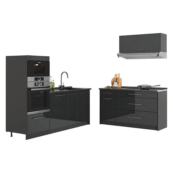 Vicco Küchenzeile - Breite: 340 cm, Anthrazit Hochglanz, Ohne Elektrogeräte - Hochglänzende dunkelgraue Modulküche mit integriertem Backofen, Mikrowelle, Spüle, Kochfeld und passender Dunstabzugshaube.