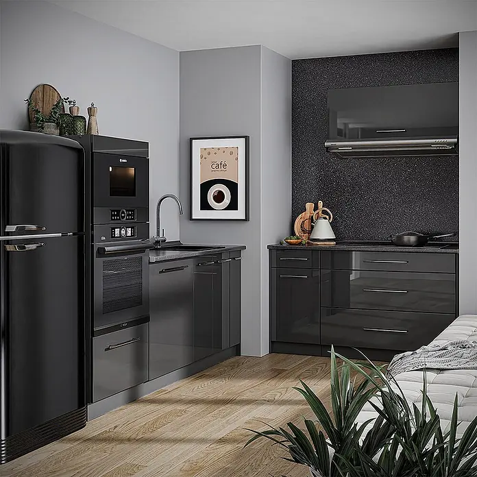 Vicco Küchenzeile - Breite: 340 cm, Anthrazit Hochglanz, Ohne Elektrogeräte - Moderne Küche mit eleganten schwarzen Hochglanzschränken, integrierten schwarzen Geräten und dunkler Spritzschutzwand.