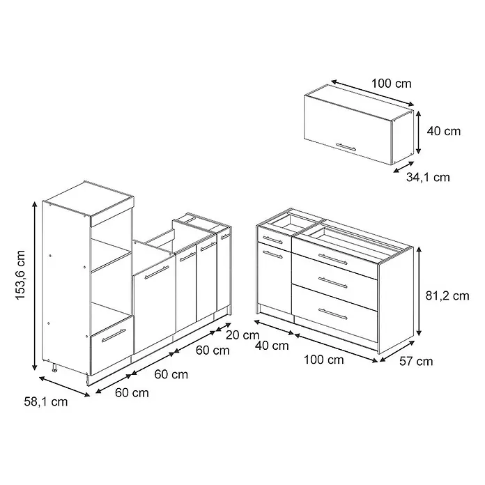 Vicco Küchenzeile - Breite: 340 cm, Goldkraft Eiche, Ohne Elektrogeräte - Modulares Küchenschrank-Set mit Unterschränken, einem Hochschrank und einem Oberschrank, alle mit detaillierten Maßen.