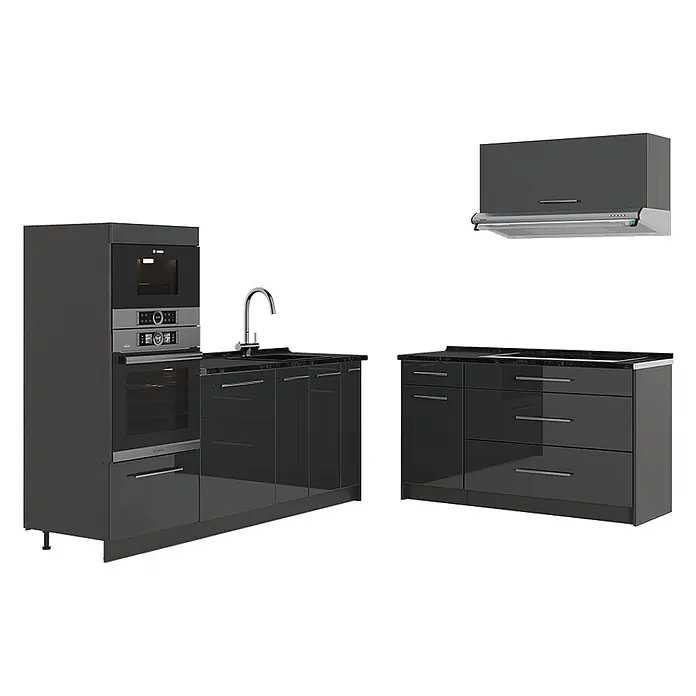 Vicco Küchenzeile - Breite: 340 cm, Anthrazit Hochglanz, Ohne Elektrogeräte - Dunkelgraue Hochglanz-Küchenschränke mit integriertem Backofen, Mikrowelle, Spüle, Kochfeld und passendem Wandschrank mit Dunstabzugshaube.