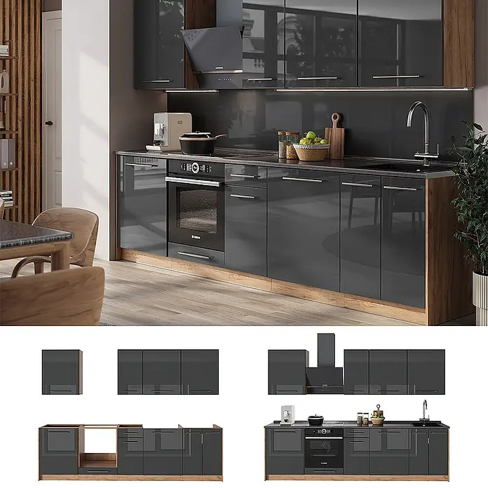 Vicco Küchenzeile - Anthrazit Hochglanz, Ohne Elektrogeräte - Moderne dunkelgraue Hochglanzküche mit Holzoptik-Sockel, integriertem Backofen und Spüle, in zeitgemäßem Ambiente.