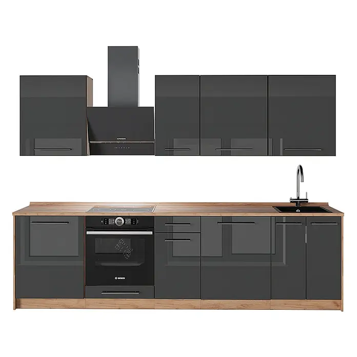 Vicco Küchenzeile - Anthrazit Hochglanz, Ohne Elektrogeräte - Moderne dunkelgraue Hochglanzküche mit Holztheke, Einbauofen, Kochfeld, Spüle und Dunstabzugshaube.