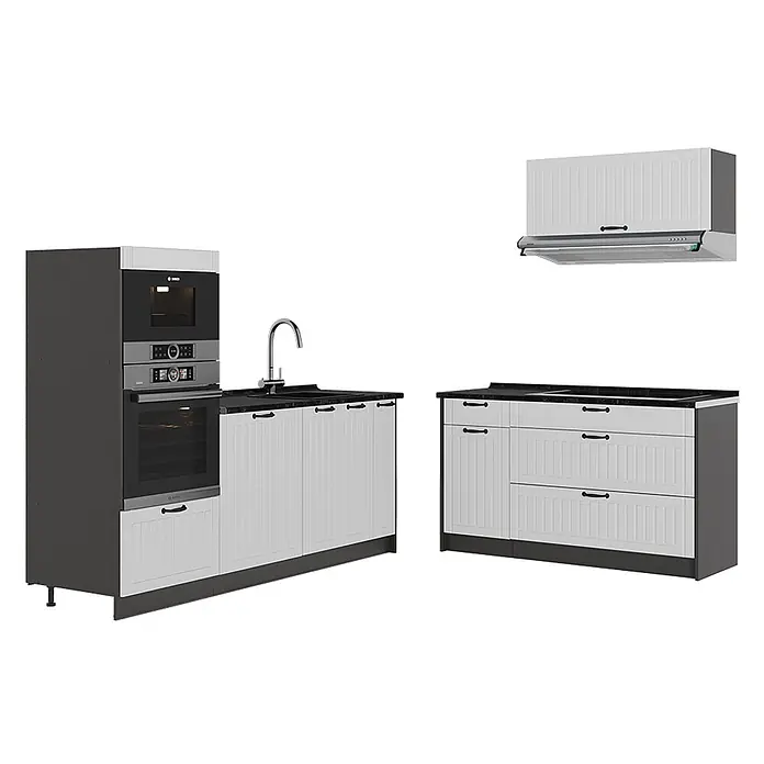 Vicco Küchenzeile - Weiß Landhaus, Ohne Elektrogeräte - Weiß-dunkelgraue modulare Küche mit Einbauofen, Mikrowelle, Spüle und Schrankeinheiten, schwarzen Arbeitsplatten und Griffen.