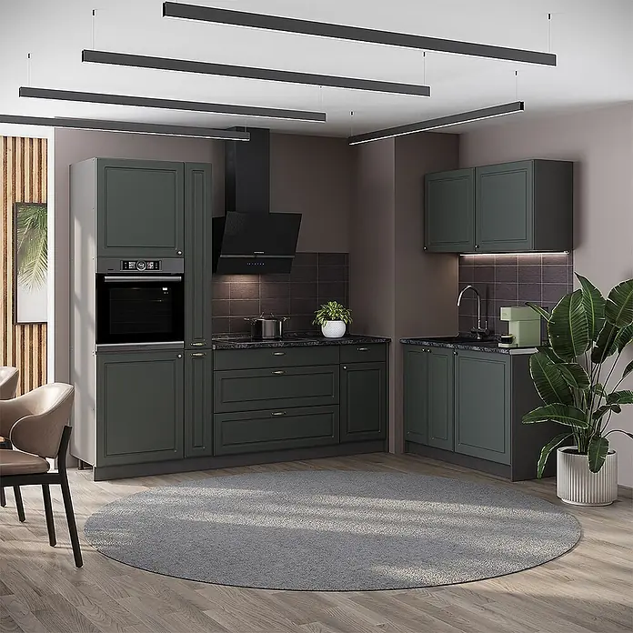 Vicco Eckküche - B x T: 220 x 60 cm, Grün-Gold Landhaus, Ohne Elektrogeräte - Moderne L-förmige Küche mit dunkelgrünen Schränken, schwarzen Arbeitsplatten, integriertem Backofen und Dunstabzugshaube in zeitgenössischem Ambiente.