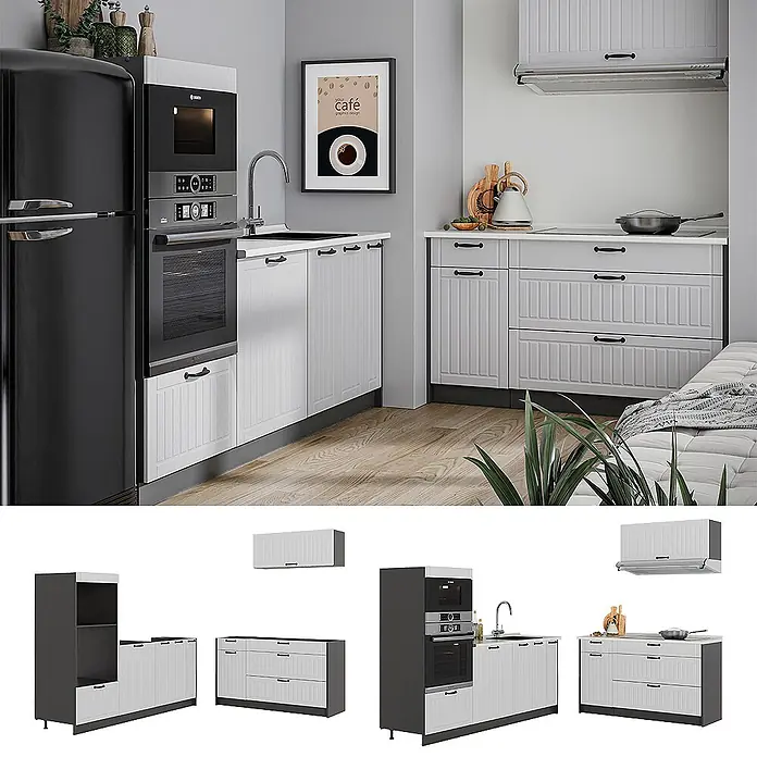 Vicco Küchenzeile - Breite: 340 cm, Weiß Landhaus, Ohne Elektrogeräte - Modulare Küchenzeile in Weiß mit schwarzen Griffen, integrierten Geräten und schwarzem Kühlschrank.