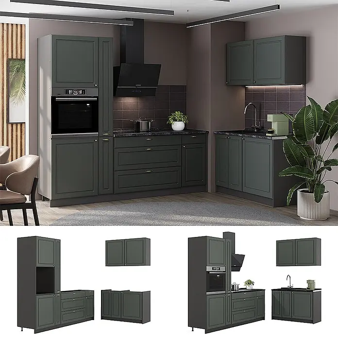 Vicco Eckküche - B x T: 220 x 60 cm, Grün-Gold Landhaus, Ohne Elektrogeräte - Dunkelgrüne modulare Küchenschrank-Garnitur mit schwarzen Arbeitsplatten, in einer modernen Küche arrangiert.