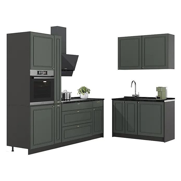 Vicco Eckküche - B x T: 220 x 60 cm, Grün-Gold Landhaus, Ohne Elektrogeräte - Dunkelgraue modulare Küchenmöbel mit Kassettenfronten, schwarzen Arbeitsplatten, integriertem Backofen, Kochfeld, Spüle und Dunstabzugshaube.