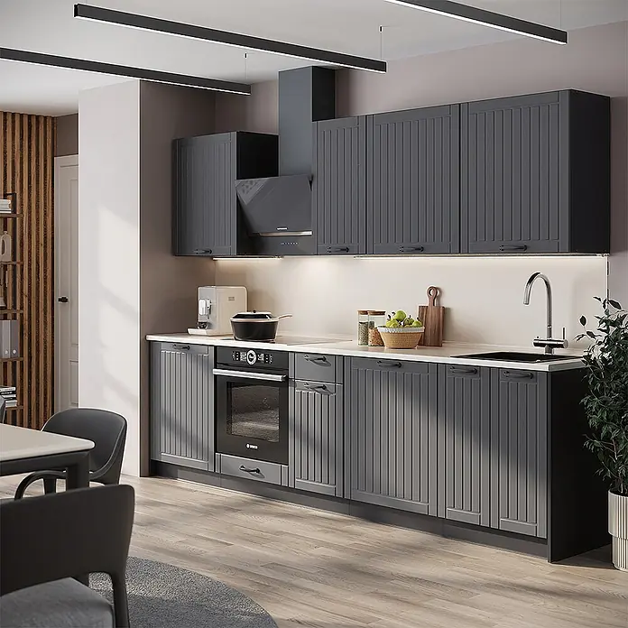 Vicco Küchenzeile - Breite: 280 cm, Dunkelgrau, Ohne Elektrogeräte - Moderne dunkelgraue Küchenschränke mit Paneeltüren, weißer Arbeitsplatte und integrierten Geräten in stilvoller Küche.