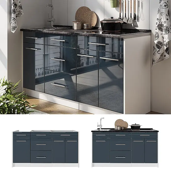 Vicco Küchenleerblock - Breite: 150 cm, Dunkelblau Hochglanz - Modulare, glänzende dunkelblaue Küchenunterschränke mit Spüle, Kochfeld und Chromgriffen.