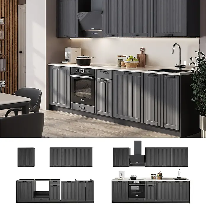 Vicco Küchenzeile - Breite: 280 cm, Dunkelgrau, Ohne Elektrogeräte - Komplette dunkelgraue gerillte Küchenschränke mit integriertem Backofen, Dunstabzugshaube und Spüle in einer modernen Küche.