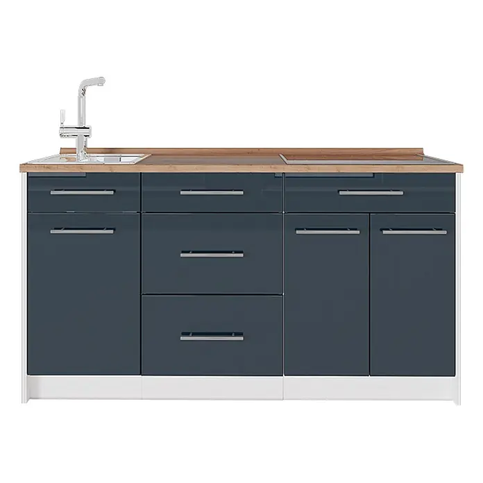 Vicco Küchenleerblock - Breite: 150 cm, Dunkelblau Hochglanz - Dunkelblaue Küchenzeile mit Arbeitsplatte in Holzoptik, integrierter Spüle, Wasserhahn und Induktionskochfeld.