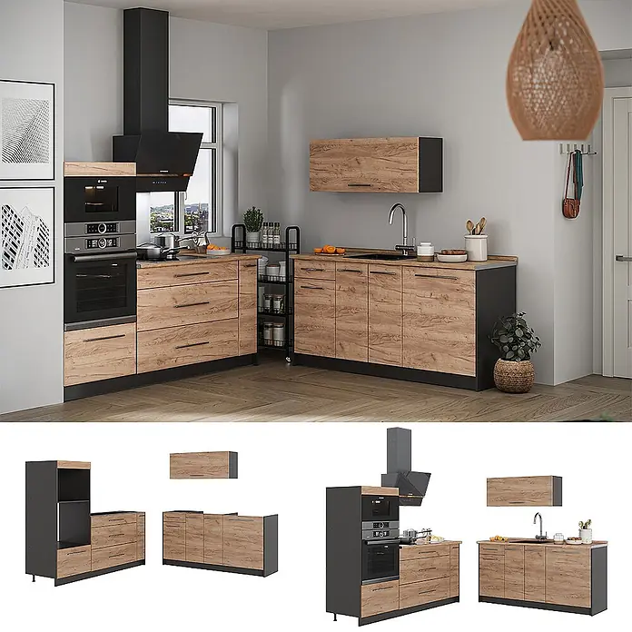 Vicco Küchenzeile - Breite: 340 cm, Goldkraft Eiche, Ohne Elektrogeräte - Modulare Küchenmöbel mit hellen Holzfronten und dunkelgrauen Rahmen, als komplette Küche und Einzelteile gezeigt.