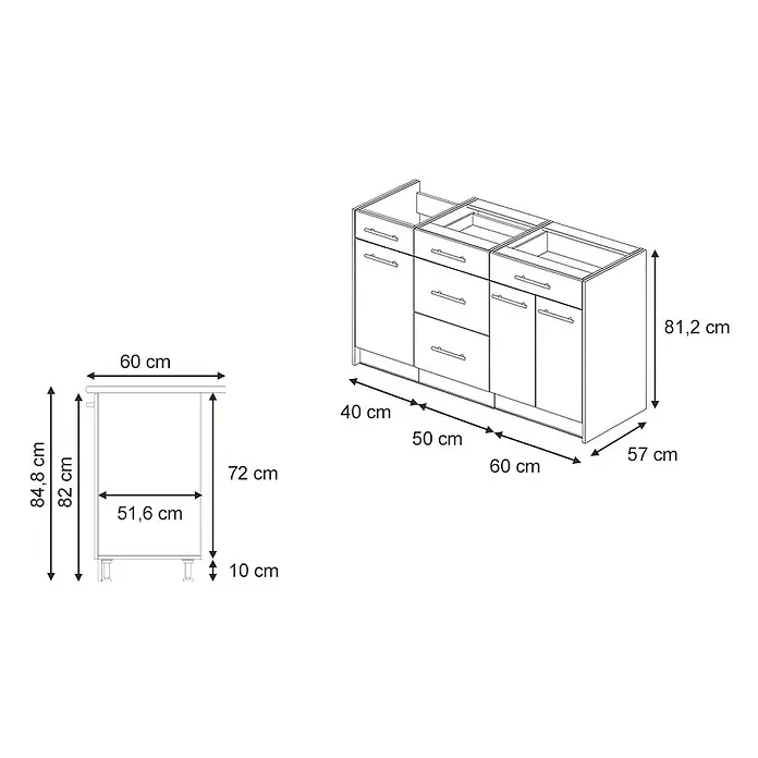 Vicco Küchenleerblock - Breite: 150 cm, Weiß Hochglanz - Küchenunterschränke-Set mit mehreren Einheiten und angegebenen Maßen.