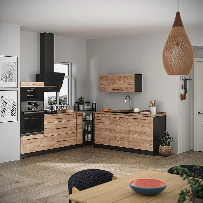 Vicco Küchenzeile - Breite: 340 cm, Goldkraft Eiche, Ohne Elektrogeräte - Moderne L-förmige Küche mit hellen Holzoptik-Schränken, dunklen Arbeitsplatten und integrierten Geräten.