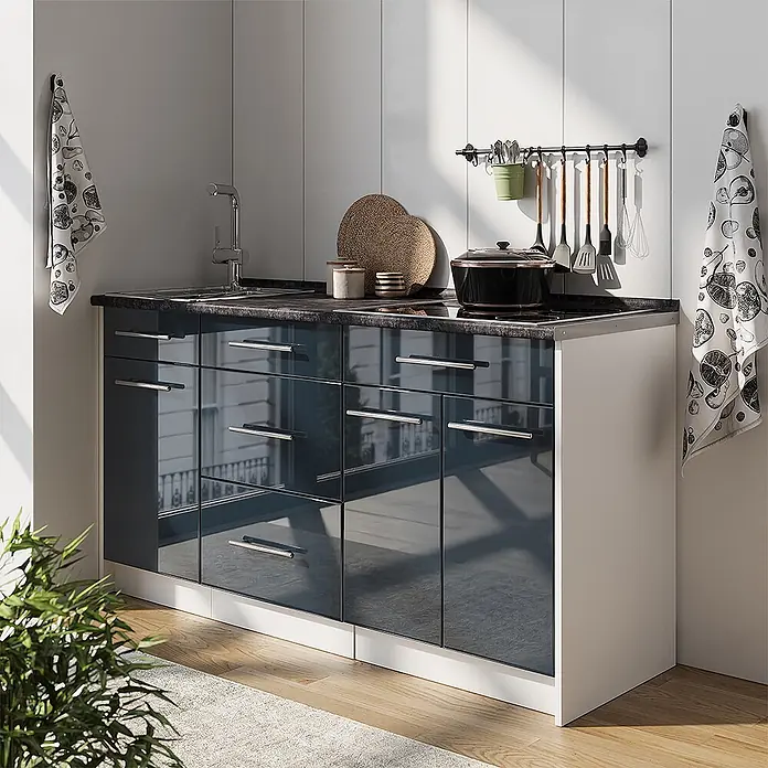 Vicco Küchenleerblock - Breite: 150 cm, Dunkelblau Hochglanz - Kompakte Küchenzeile mit hochglänzenden dunkelblauen Schränken, integrierter Spüle und Kochfeld.