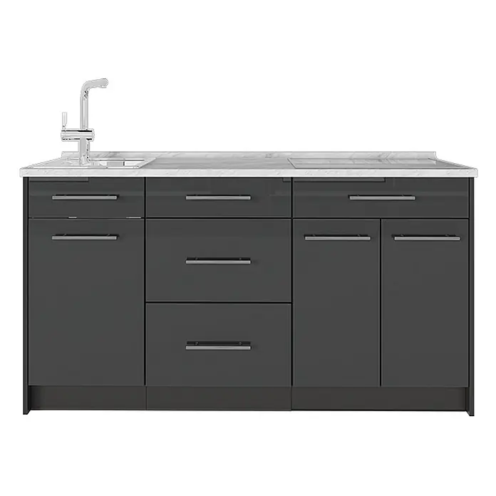 Vicco Küchenleerblock - Breite: 150 cm, Anthrazit Hochglanz - Dunkelgraue Küchenzeile mit Spüle, Wasserhahn, heller Arbeitsplatte und integriertem Kochfeld.