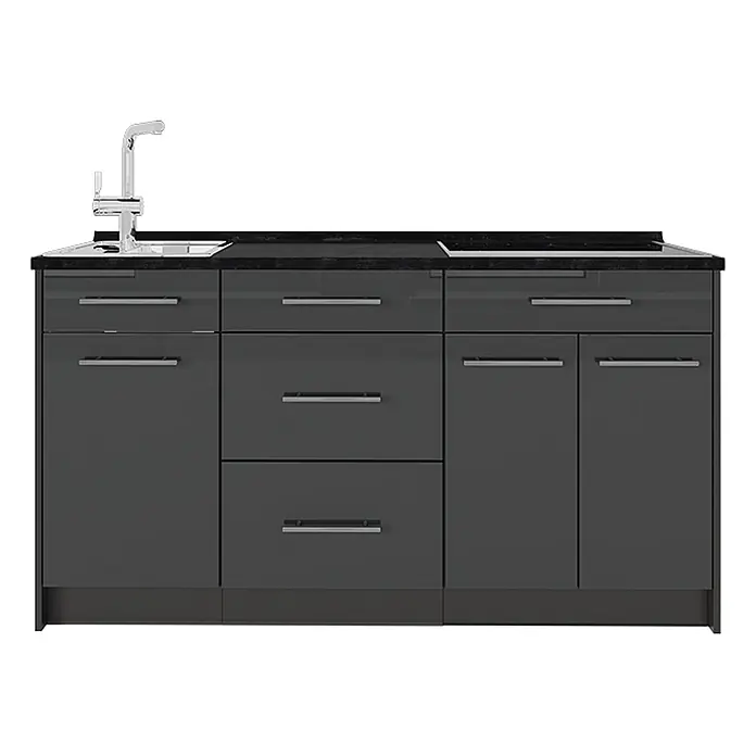 Vicco Küchenleerblock - Breite: 150 cm, Anthrazit Hochglanz - Dunkelgraue Küchenzeile mit integrierter Spüle, Chromarmatur und Kochfeld.