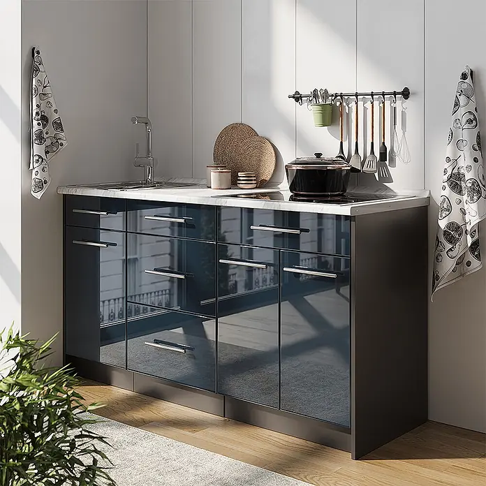 Vicco Küchenleerblock - Breite: 150 cm, Dunkelblau Hochglanz - Glänzende dunkelblaue Küchenzeile mit weißer Arbeitsplatte, Spüle und Kochfeld, mit silbernen Griffen.