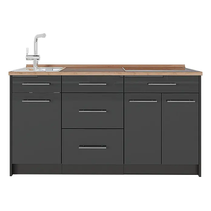 Vicco Küchenleerblock - Anthrazit Hochglanz - Dunkelgraue Hochglanz-Küchenzeile mit Holz-Arbeitsplatte, Spüle mit Wasserhahn und Kochfeld. Schränke und Schubladen mit Silbergriffen.
