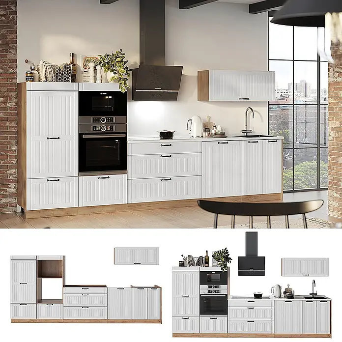 Vicco Küchenzeile - Breite: 340 cm, Weiß Landhaus, Ohne Elektrogeräte - Weiße Küchenschränke mit geriffelten Fronten, Holzdetails und integrierten Geräten (Ofen, Kochfeld, Spüle).