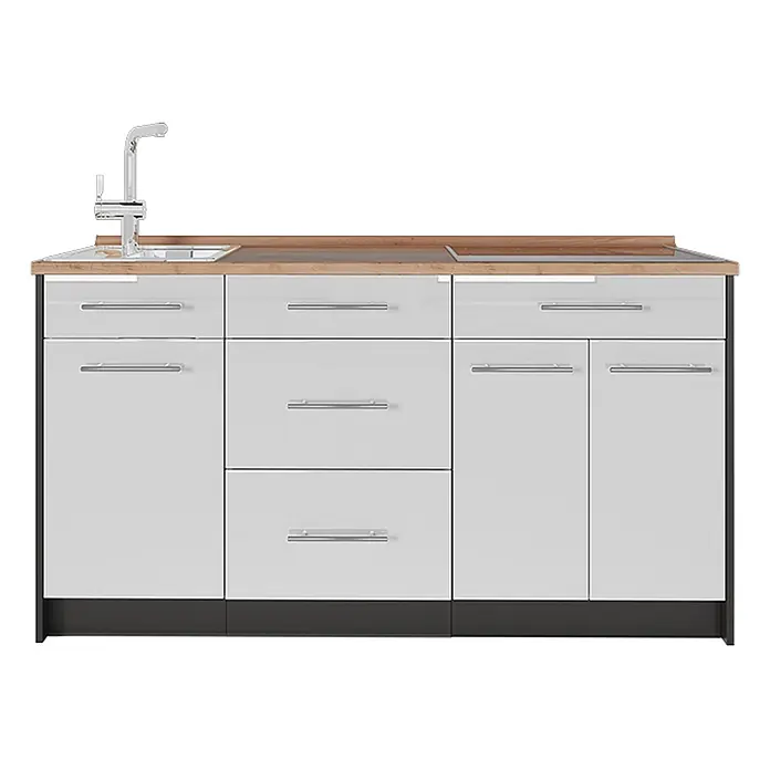 Vicco Küchenleerblock - Breite: 150 cm, Weiß Hochglanz - Weiße glänzende Miniküche mit Holzoptik-Arbeitsplatte, integrierter Spüle, Wasserhahn und Kochfeld sowie silbernen Griffen.
