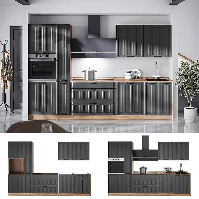 Vicco Küchenzeile - Breite: 310 cm, Dunkelgrau, Ohne Elektrogeräte - Moderne dunkelgraue Küchenschränke mit geriffelten Fronten und Holz-Arbeitsplatten, integriert in ein funktionales Küchenambiente.