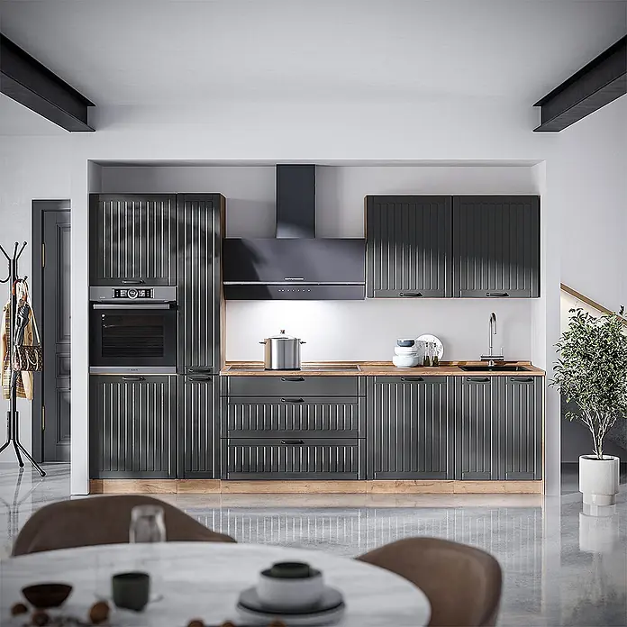 Vicco Küchenzeile - Breite: 310 cm, Dunkelgrau, Ohne Elektrogeräte - Moderne dunkelgraue Rillenküchenschränke mit Backofen, Kochfeld, Dunstabzug und Holztheken.