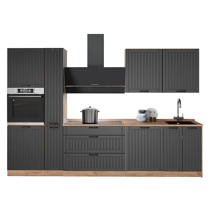 Vicco Küchenzeile - Breite: 310 cm, Dunkelgrau, Ohne Elektrogeräte - Moderne dunkelgraue Küchenmöbel mit integrierten Geräten, Holz-Arbeitsplatten und Sockelleisten, vertikal getäfelten Schranktüren.