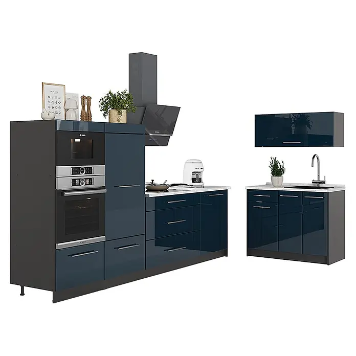 Vicco Küchenzeile - Breite: 380 cm, Dunkelblau Hochglanz, Ohne Elektrogeräte - Hochglanz-dunkelblaue Küche mit integriertem Backofen, Mikrowelle und Kochfeld. Inklusive Spülbeckenunterschrank und Dunstabzugshaube.