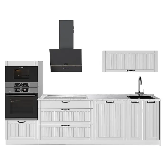 Vicco Küchenzeile - Breite: 280 cm, Weiß Landhaus, Ohne Elektrogeräte - Weiße Küchenschränke mit schwarzen Griffen, integriertem dunkelgrauem Backofen, Mikrowelle, Kochfeld, Spüle und passender Dunstabzugshaube.