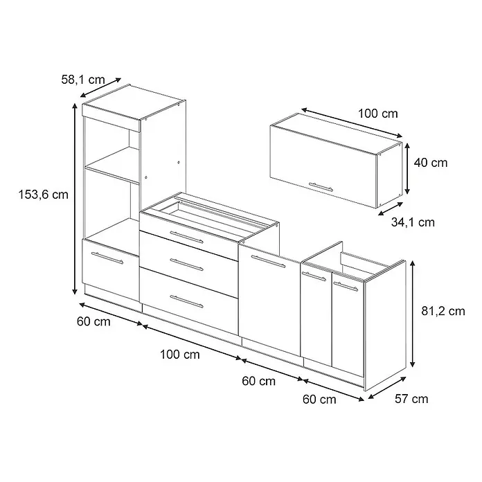 Vicco Küchenzeile - Breite: 280 cm, Weiß Hochglanz, Ohne Elektrogeräte - Modulares Küchenschrank-Set mit Unterschränken, Hochschrank und Hängeschrank, bemaßt.