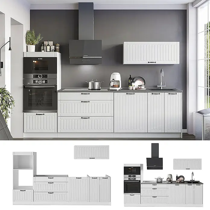 Vicco Küchenzeile - Breite: 280 cm, Weiß Landhaus, Ohne Elektrogeräte - Weißes modulares Küchenset mit schwarzen Griffen, Arbeitsplatte und integriertem Backofen, Kochfeld, Spüle, Dunstabzugshaube.