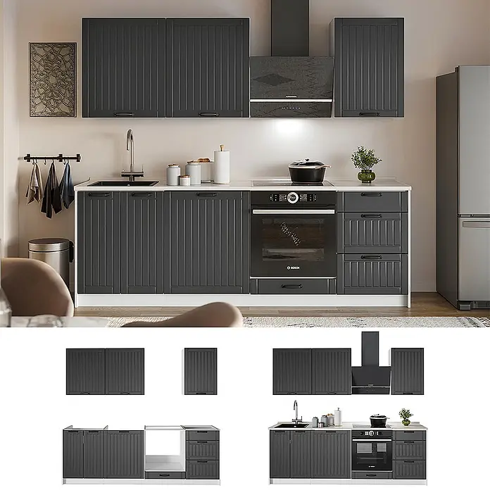Vicco Küchenzeile - Breite: 230 cm, Dunkelgrau, Ohne Elektrogeräte - Dunkelgraue geriffelte Küche mit weißer Arbeitsplatte, Spüle, Backofen und Dunstabzugshaube, eine moderne Kücheneinheit darstellend.