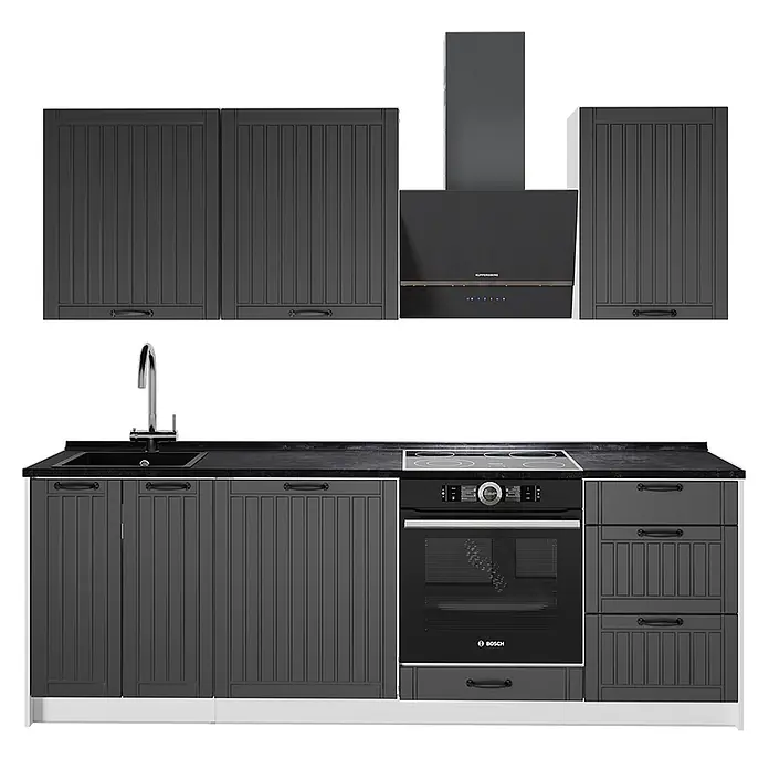 Vicco Küchenzeile - Breite: 230 cm, Dunkelgrau, Ohne Elektrogeräte - Dunkelgraue Küchenzeile mit Oberschränken, Spüle, integriertem Backofen und Kochfeld.