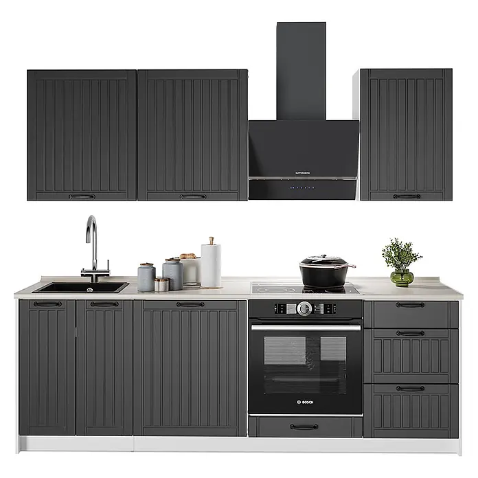 Vicco Küchenzeile - Breite: 230 cm, Dunkelgrau, Ohne Elektrogeräte - Dunkelgraue Küchenzeile mit Kassettenfronten, Spüle, Kochfeld, Bosch Backofen und Kuppersberg Dunstabzugshaube.