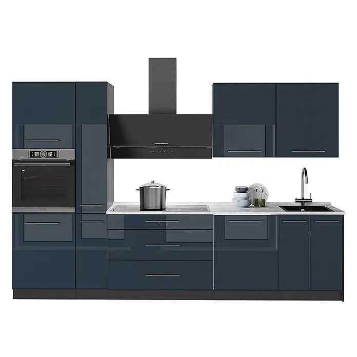 Vicco Küchenzeile - Dunkelblau Hochglanz, Ohne Elektrogeräte - Moderne Küchenzeile mit glänzenden tiefblauen Schränken, integriertem Backofen, Kochfeld, Spüle und schwarzer Dunstabzugshaube.