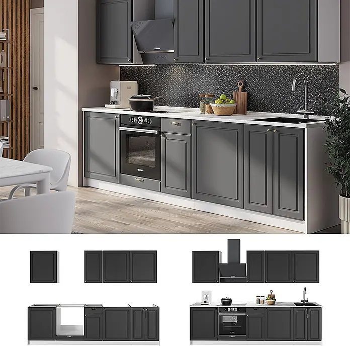 Vicco Küchenzeile - Breite: 280 cm, Anthrazit-Gold Landhaus, Ohne Elektrogeräte - Dunkelgraue modulare Küchenschränke mit integriertem Ofen, Kochfeld und Spüle, passende Oberschränke, in einer modernen Küche dargestellt.