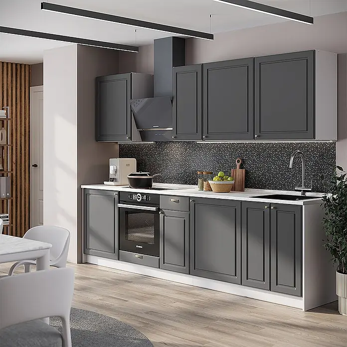 Vicco Küchenzeile - Breite: 280 cm, Anthrazit-Gold Landhaus, Ohne Elektrogeräte - Eine moderne Küche mit dunkelgrauen Schrankfronten im Shaker-Stil, hellen Arbeitsplatten, dunklem Spritzschutz und integrierten Geräten.