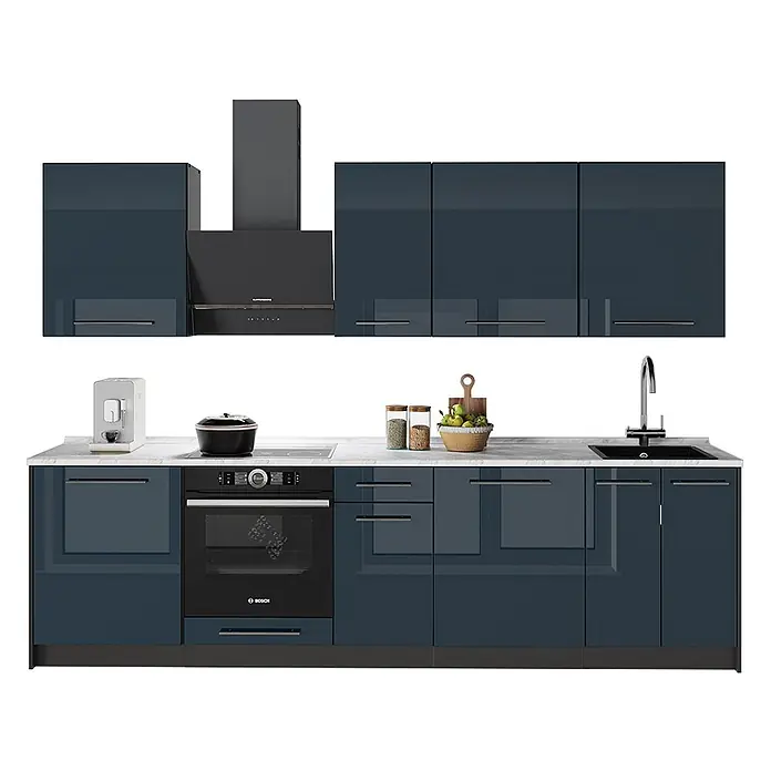 Vicco Küchenzeile - Breite: 280 cm, Dunkelblau Hochglanz, Ohne Elektrogeräte - Moderne hochglänzende dunkelblaue Küchenzeile mit integriertem Backofen, Kochfeld, Spüle und Dunstabzugshaube. Mit weißer Marmor-Arbeitsplatte.